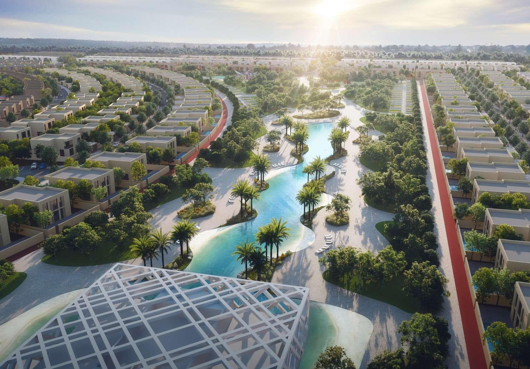 Aerial sunset view of Hayyan eco-community in Al Barashi, Sharjah